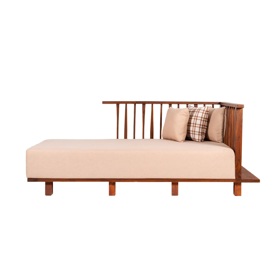 day bed sofa for living room with beige cushion and pillows, modern wooden diwan day bed sofa for living room with beige cushion and pillows, modern wooden diwan