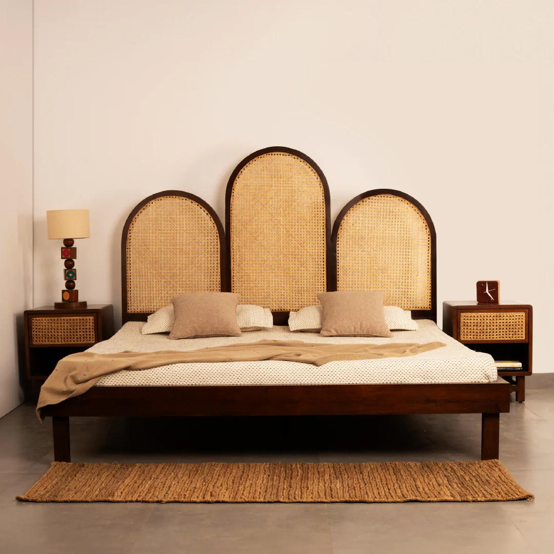 Bed with Rattan Headboard – Wooden Bed Frame Without Mattress”