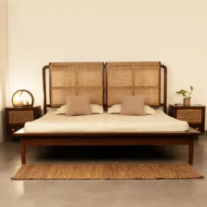 Teak wood rattan bed with cane headboard – available in King and Queen sizes