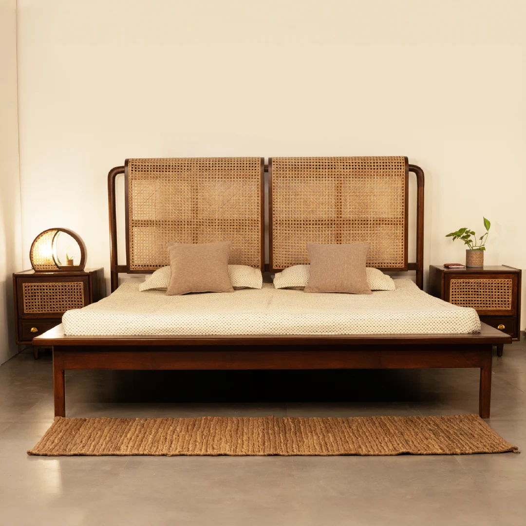 Teak wood rattan bed with cane headboard – available in King and Queen sizes