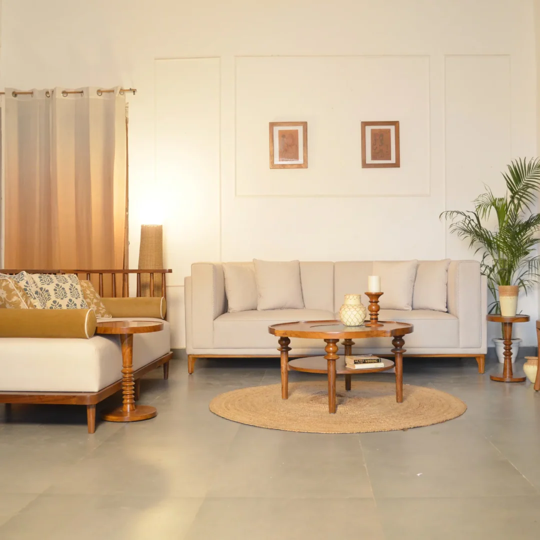 lounge sofa Beige upholstered teak wood in 2-seater, 3-seater, and 4-seater options