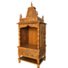 Wooden mandir in natural brown polish – compact teak wood temple with storage and carvings.