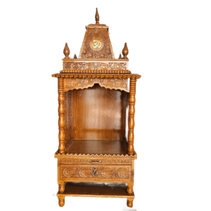 Wooden mandir in natural brown polish – compact teak wood temple with storage and carvings.