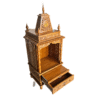 Wooden mandir in natural brown polish – compact teak wood temple with storage and carvings.