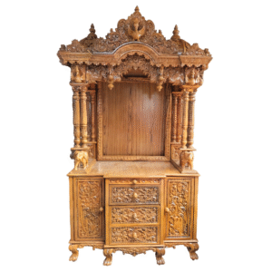 Wooden Mandir in Natural Brown Polish – Large Teak Wood Temple with Intricate Carving and Storage Drawers