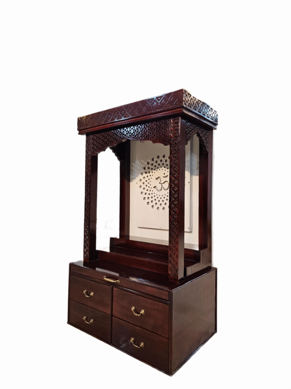 Wooden mandir with LED light in dark brown polish – teak wood temple with four drawers and Om design.