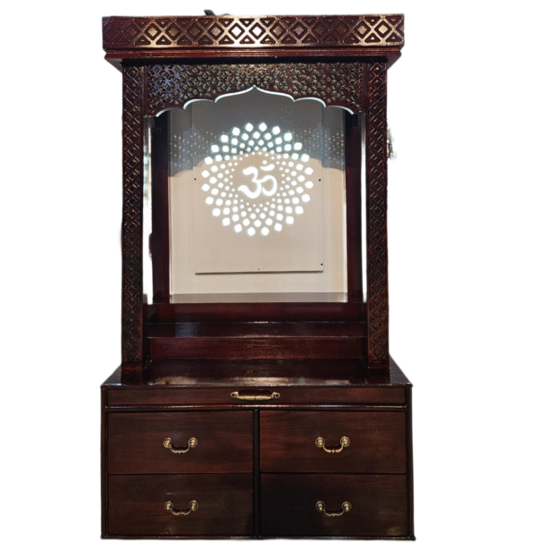 Wooden mandir with LED light in dark brown polish – teak wood temple with four drawers and Om design.