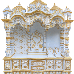 Wooden Mandir in White and Golden Finish – Big Teak Wood Temple with Intricate Carving and Storage Cabinets