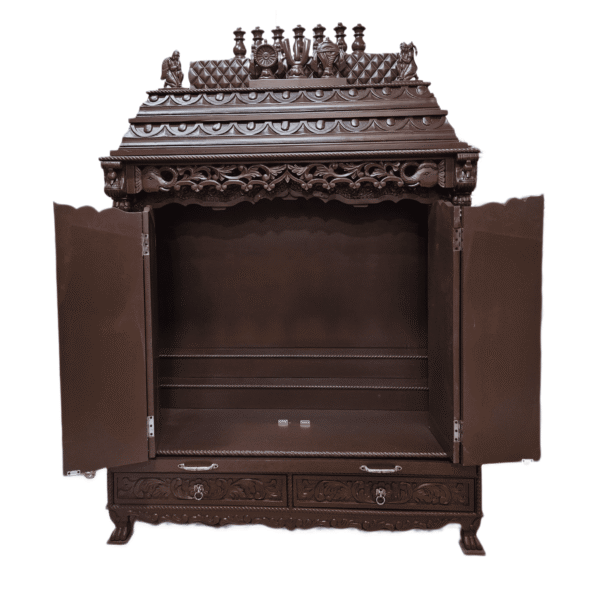 Wooden mandir in dark brown finish with two doors – teak wood temple for home pooja room.