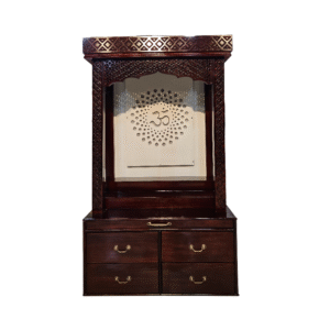 Wooden mandir with LED light in dark brown polish – teak wood temple with four drawers and Om design.