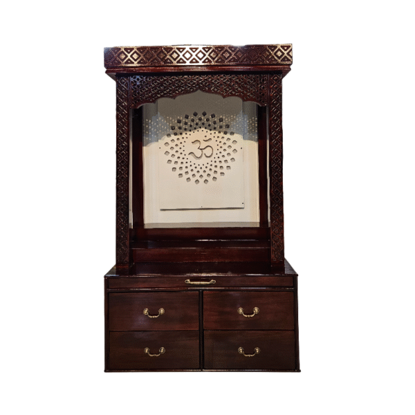 Wooden mandir with LED light in dark brown polish – teak wood temple with four drawers and Om design.