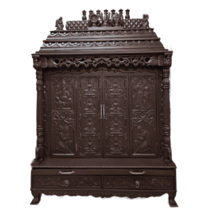 Wooden mandir in dark brown finish with two doors – teak wood temple for home pooja room.