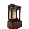 Wooden mandir with LED light in dark brown polish – teak wood temple with four drawers and Om design.