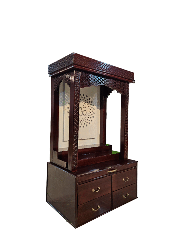 Wooden mandir with LED light in dark brown polish – teak wood temple with four drawers and Om design.