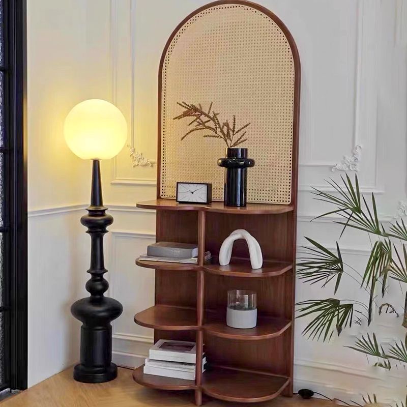 Wooden and Cane Weaving Room Partition for Living Room in teak wood with 2 or 4 shelves, available in natural and black finish.