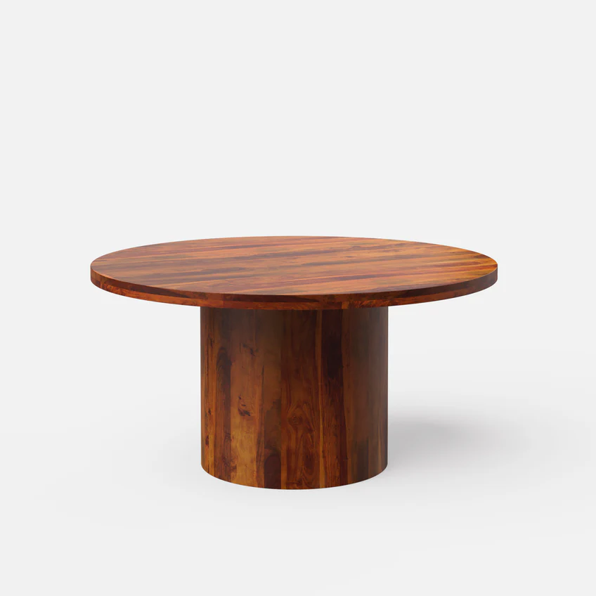 Round teak wood dining table set with cane-back chairs in brown finish, available for 2, 4, and 6 seating options.