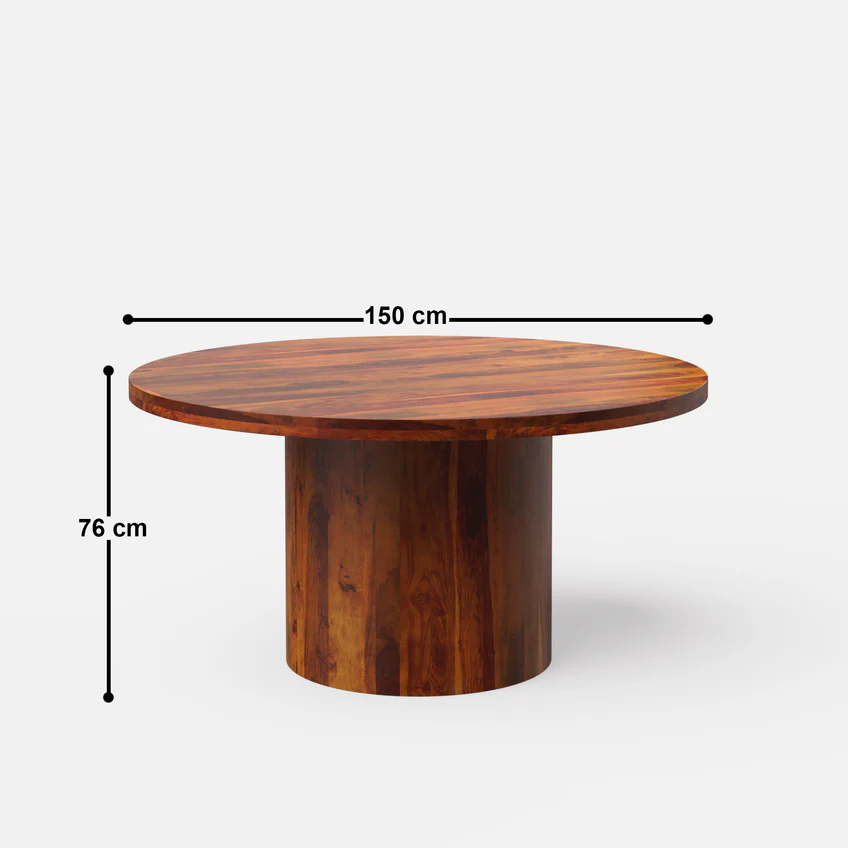 Round teak wood dining table set with cane-back chairs in brown finish, available for 2, 4, and 6 seating options.