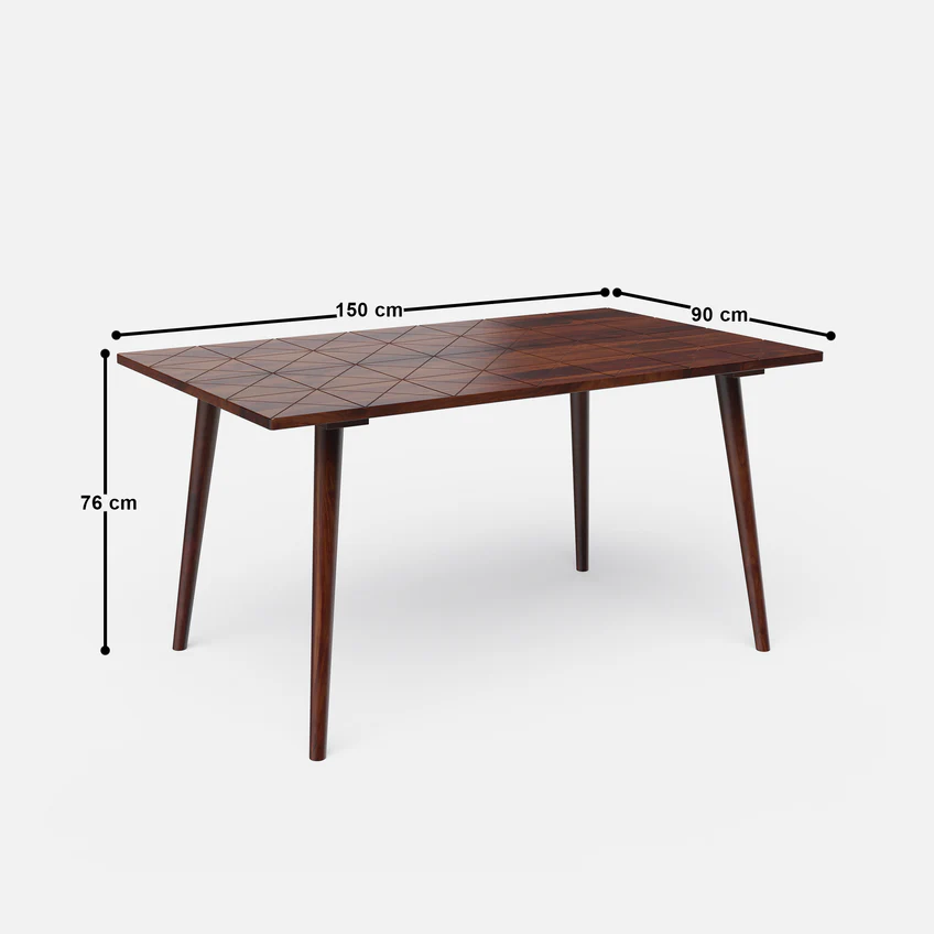 Dining Table Set in dark brown teak wood with Pierre chairs, available in 4 and 6 seater options.