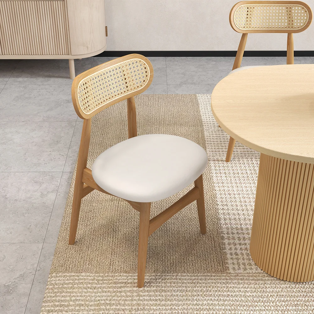 Modern dining table set made of teak wood and cane in walnut finish Modern dining table set made of teak wood and cane in walnut finish