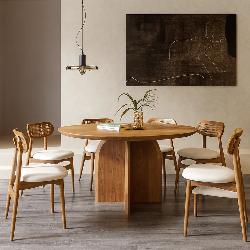 Modern dining table set made of teak wood and cane in walnut finish