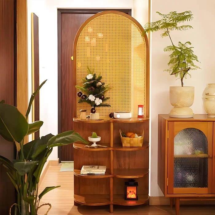 Wooden and Cane Weaving Room Partition for Living Room in teak wood with 2 or 4 shelves, available in natural and black finish.