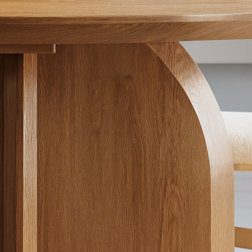 Modern dining table set made of teak wood and cane in walnut finish Modern dining table set made of teak wood and cane in walnut finish