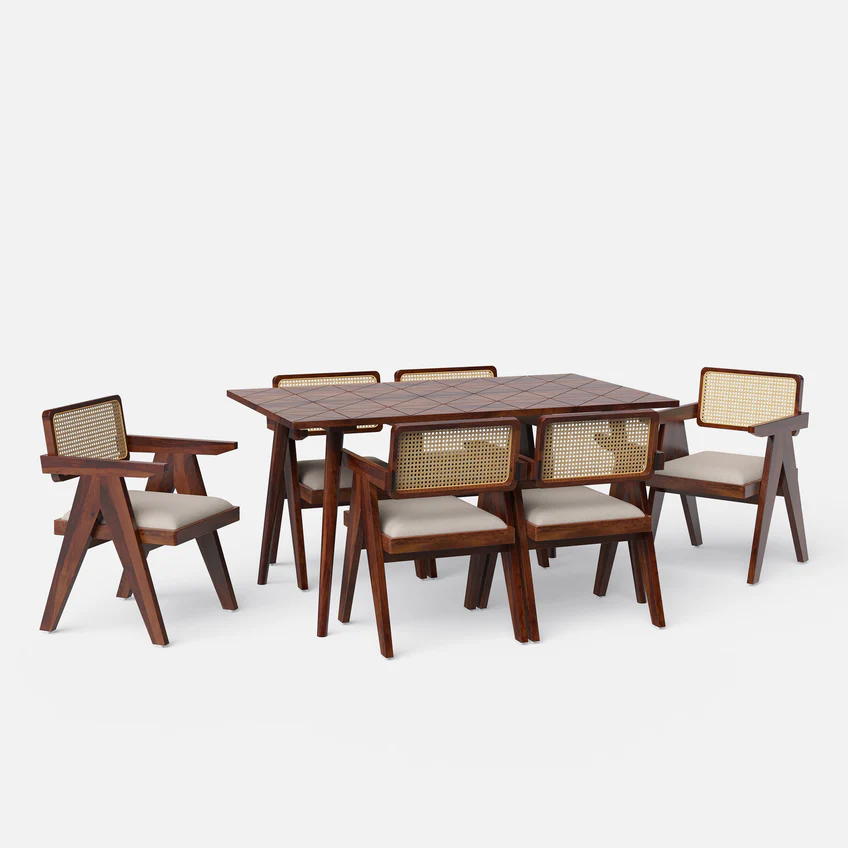 Dining Table Set in dark brown teak wood with Pierre chairs, available in 4 and 6 seater options.