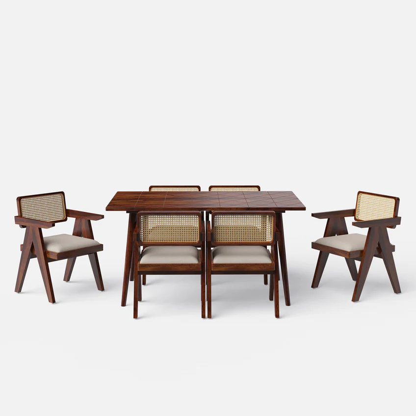 Dining Table Set in dark brown teak wood with Pierre chairs, available in 4 and 6 seater options.
