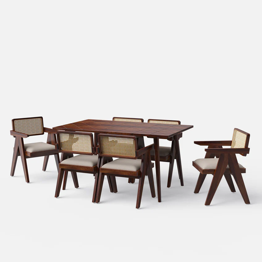 Dining Table Set in dark brown teak wood with Pierre chairs, available in 4 and 6 seater options.