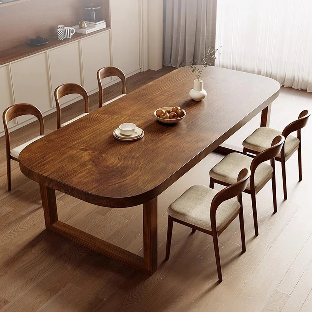 dining set with double pedestal table, chairs, and bench | Solid teak wood dining furniture
