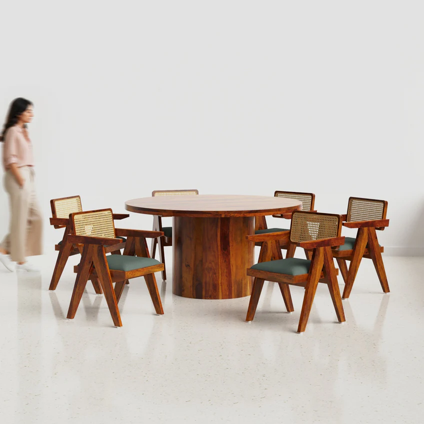 Round teak wood dining table set with cane-back chairs in brown finish, available for 2, 4, and 6 seating options.