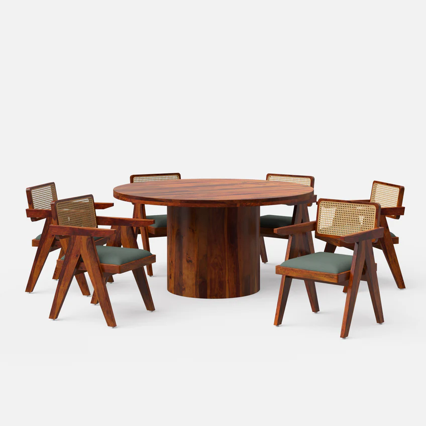 Round teak wood dining table set with cane-back chairs in brown finish, available for 2, 4, and 6 seating options.