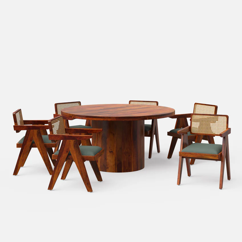 Round teak wood dining table set with cane-back chairs in brown finish, available for 2, 4, and 6 seating options.