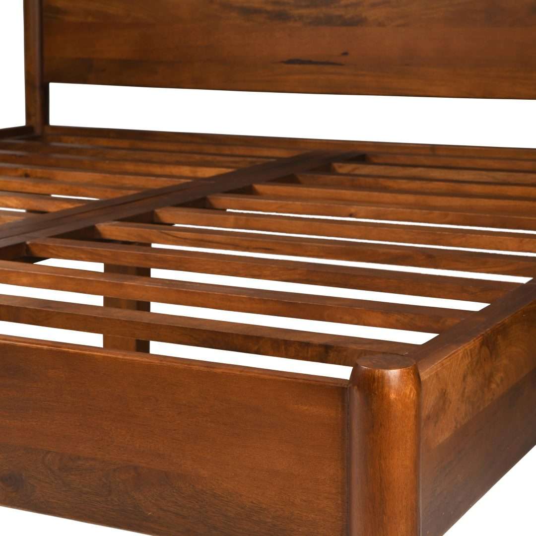Wooden bed frame made of solid mango wood in natural finish with 42-inch headboard | Queen and King size wooden bed frame for bedroom décor Wooden bed frame made of solid mango wood in natural finish with 42-inch headboard | Queen and King size wooden bed frame for bedroom décor