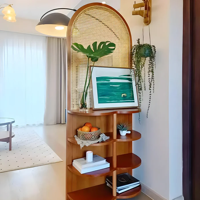 Wooden and Cane Weaving Room Partition for Living Room in teak wood with 2 or 4 shelves, available in natural and black finish.