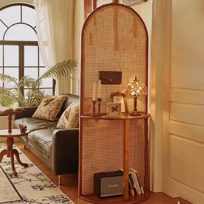 Wooden and Cane Weaving Room Partition for Living Room in teak wood with 2 or 4 shelves, available in natural and black finish.