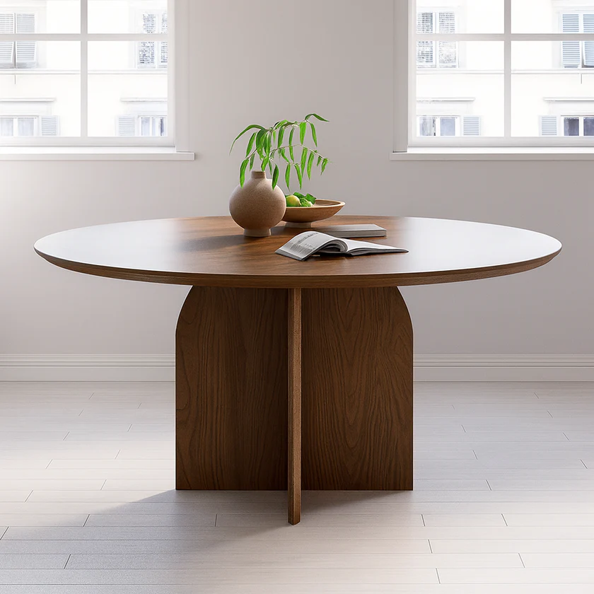 Modern dining table set made of teak wood and cane in walnut finish Modern dining table set made of teak wood and cane in walnut finish