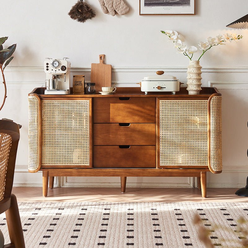 Wooden cabinet with cane doors and drawers | Teak wood sideboard | Rattan chest
