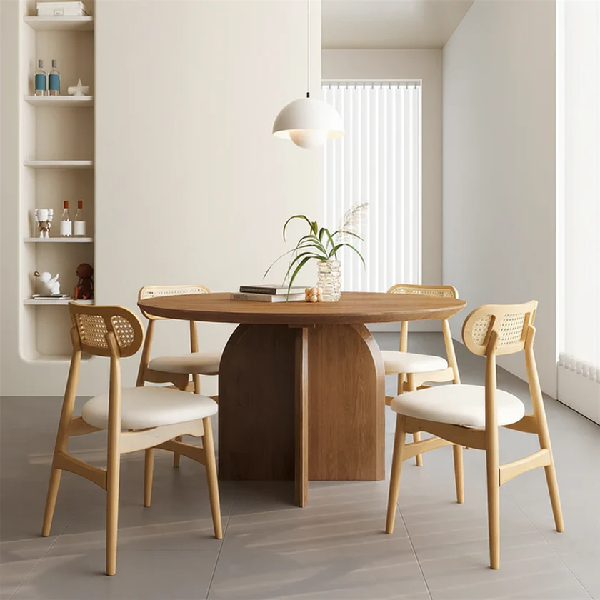 Modern dining table set made of teak wood and cane in walnut finish Modern dining table set made of teak wood and cane in walnut finish