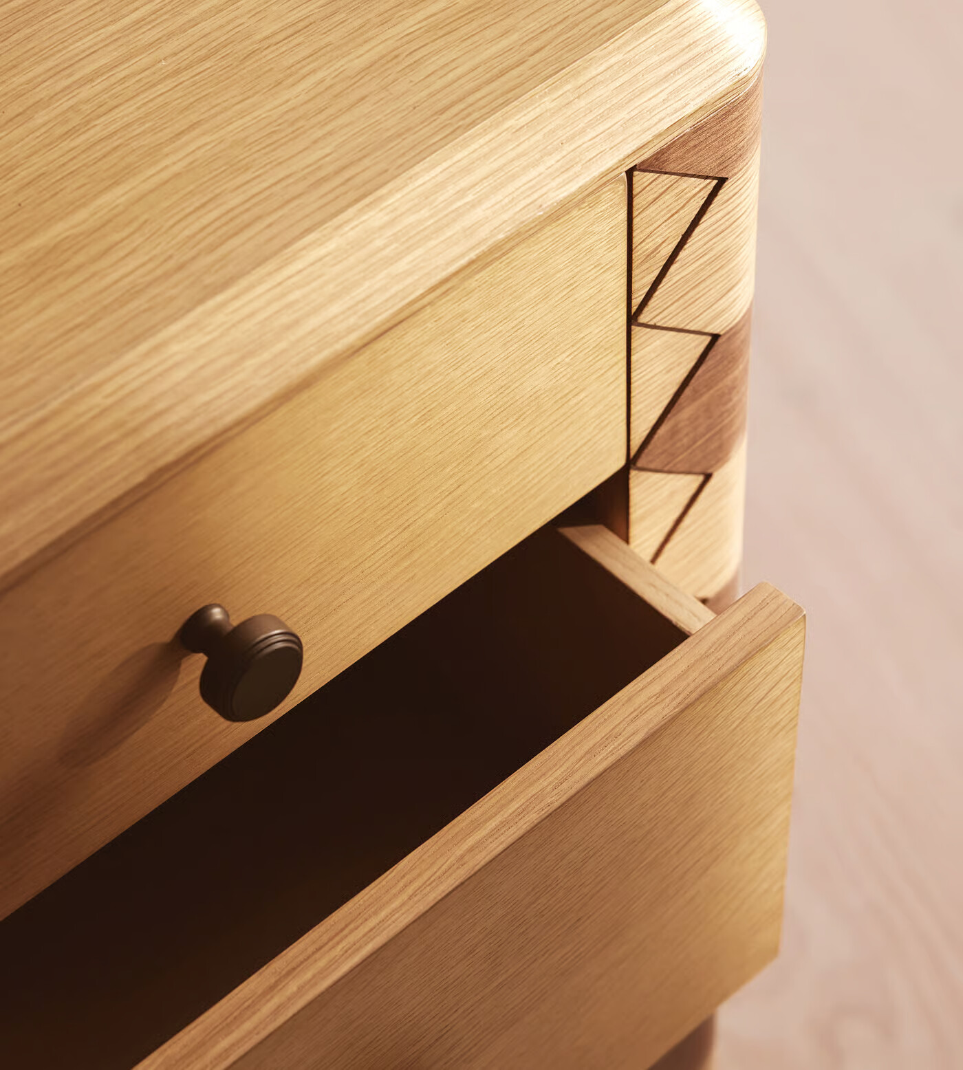 Wooden study desk with drawers in natural teak and brown finish