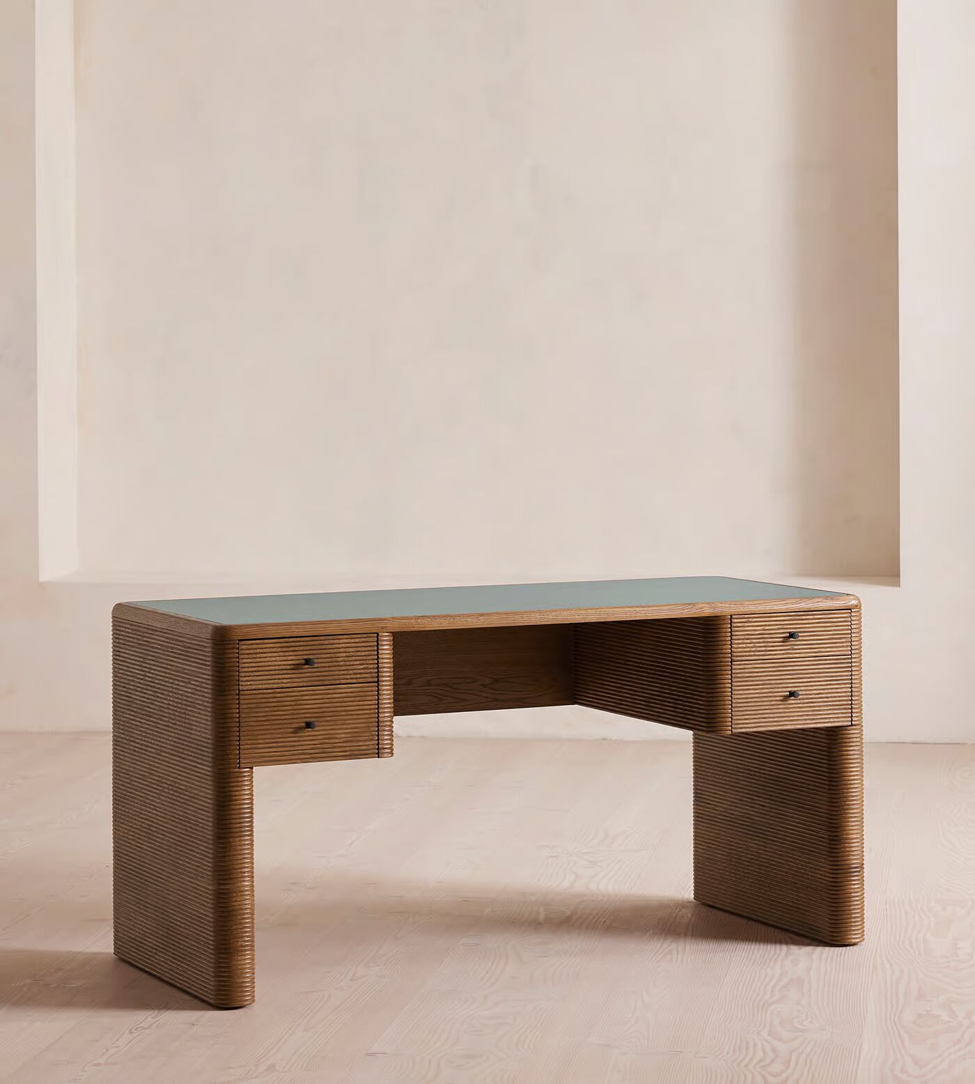 Office desk made of solid teak wood in brown finish with drawers