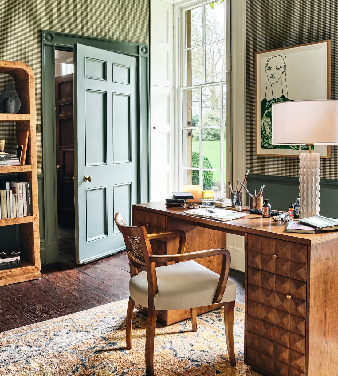 Reading table with drawer and door made of solid teak wood in brown finish