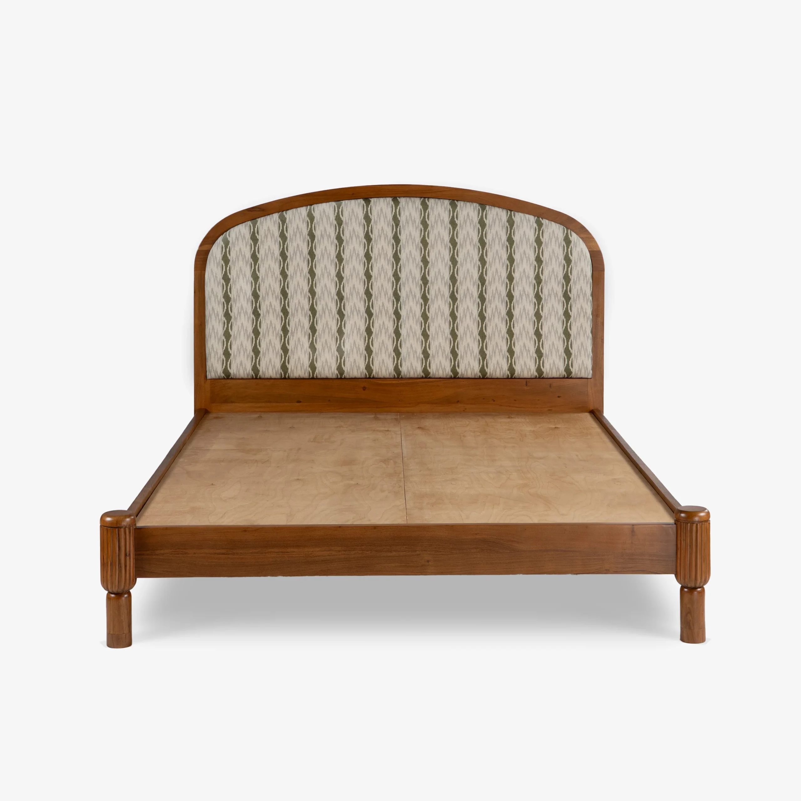 Queen size bed made of solid teak wood in natural finish with upholstered headboard — stylish and durable wooden bed for modern bedrooms. Queen size bed made of solid teak wood in natural finish with upholstered headboard — stylish and durable wooden bed for modern bedrooms.