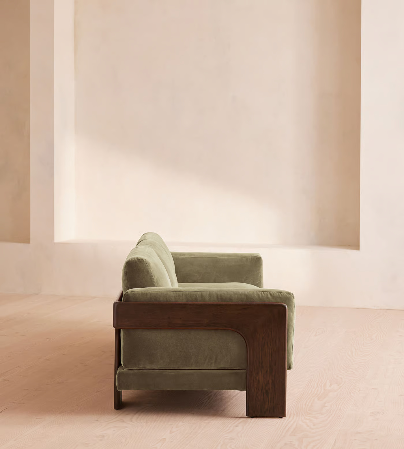 3 Seater Sofa in Teak Wood with Brown Finish and Velvet Fabric