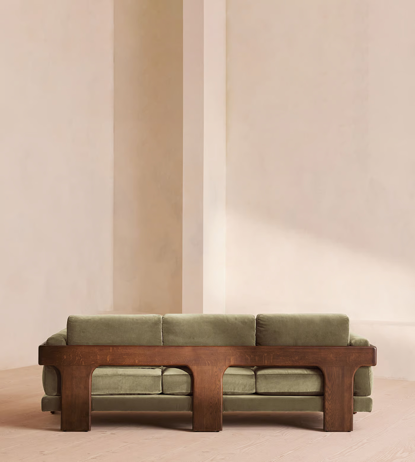 3 Seater Sofa in Teak Wood with Brown Finish and Velvet Fabric