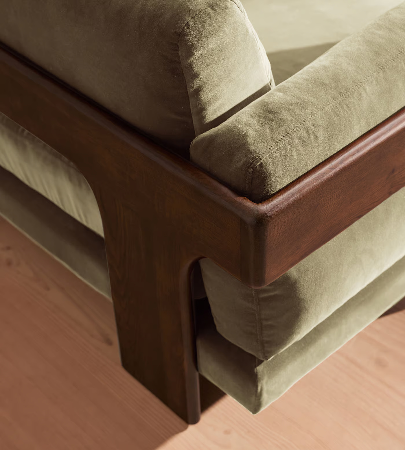 3 Seater Sofa in Teak Wood with Brown Finish and Velvet Fabric