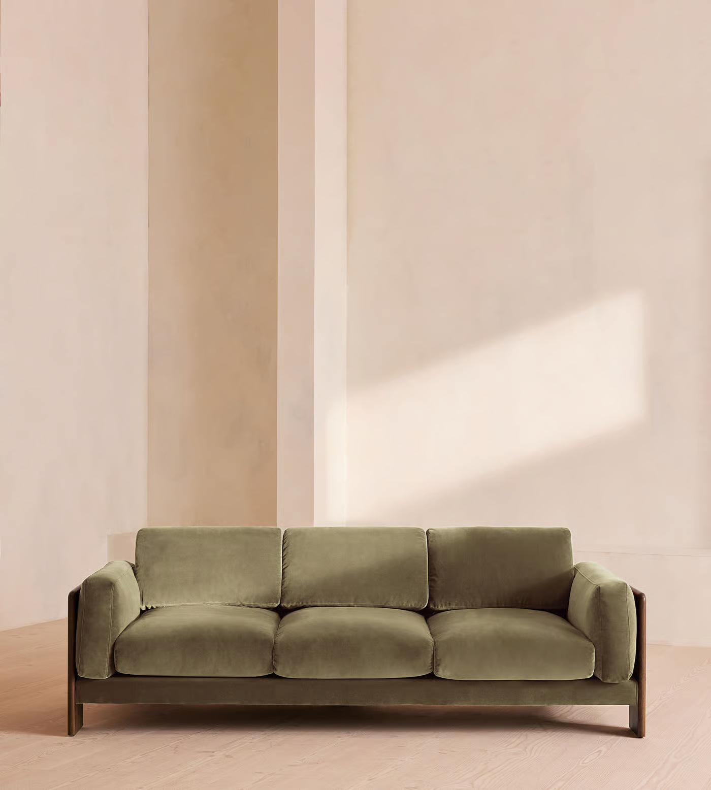 3 Seater Sofa in Teak Wood with Brown Finish and Velvet Fabric