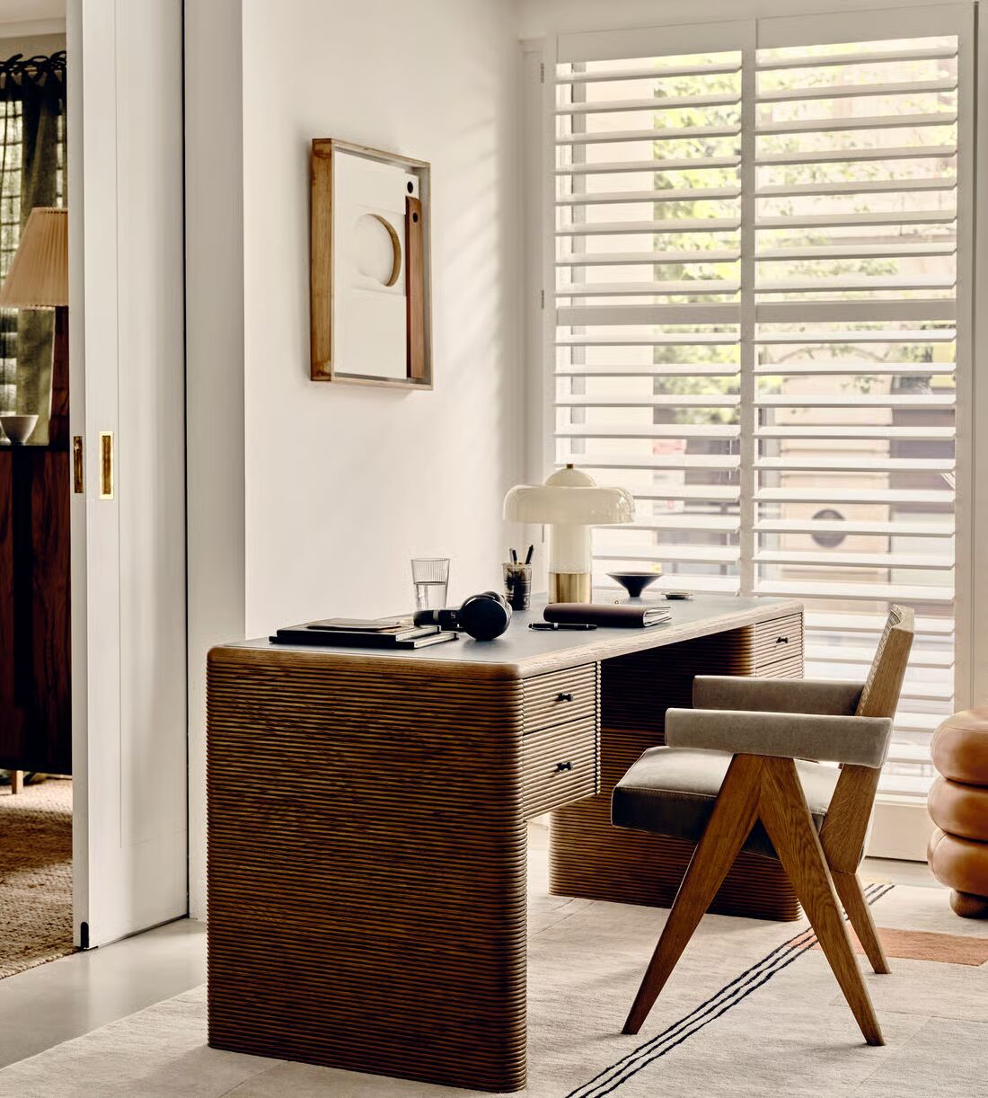 Office desk made of solid teak wood in brown finish with drawers Office desk made of solid teak wood in brown finish with drawers