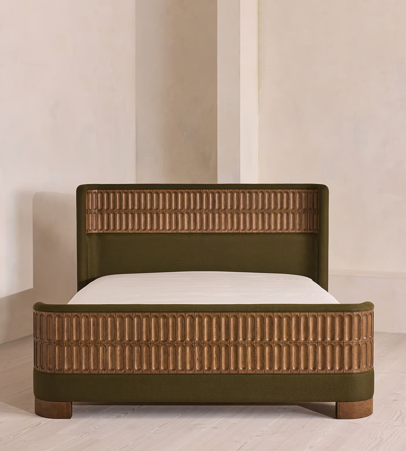 Luxury bed with curved linen headboard and matching footboard Luxury bed with curved linen headboard and matching footboard