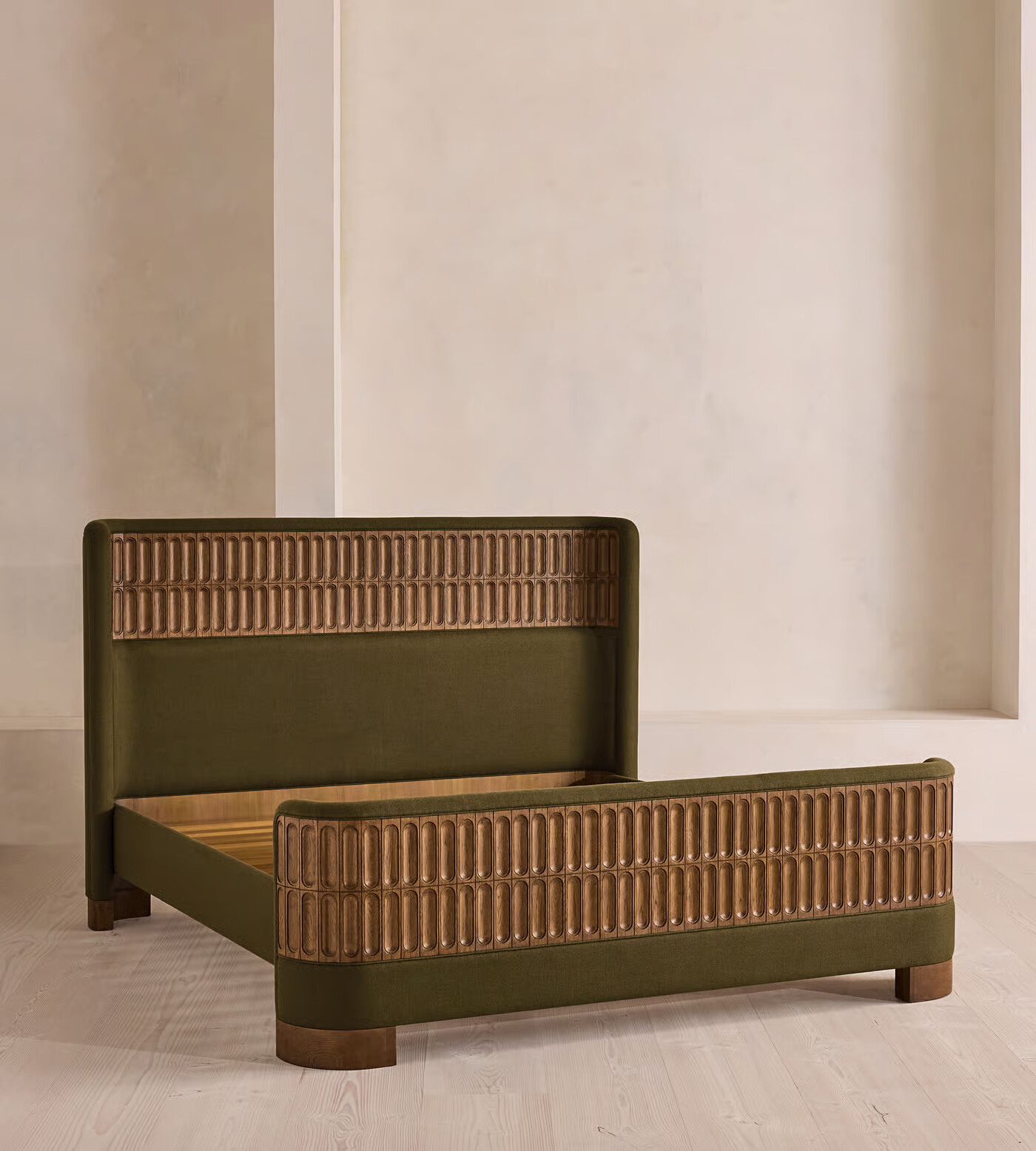 Luxury bed with curved linen headboard and matching footboard Luxury bed with curved linen headboard and matching footboard